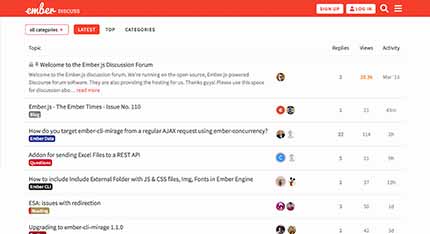 Ember.js Discourse forum homepage
